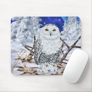 Snowy Owl Perched in Winter Wonderland With Snow Mouse Pad