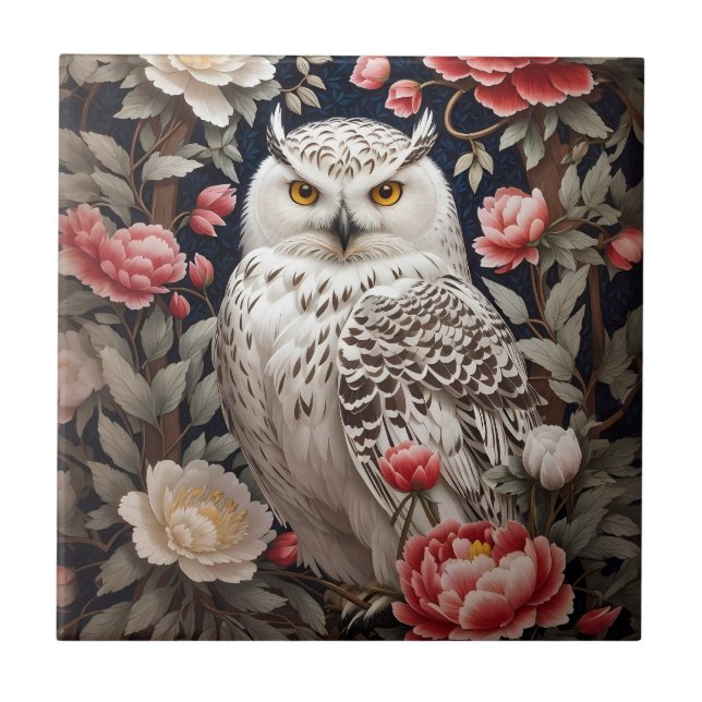 Snowy Owl Pink Peony Flowers Ceramic Tile (Front)