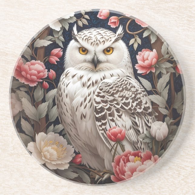 Snowy Owl Pink Peony Flowers Coaster (Front)