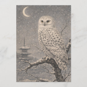 Snowy Owl Postcard, Japanese Pagoda Moon Scene Invitation