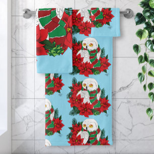 Snowy Owl Red Poinsettias Christmas Bath Towel Set