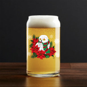 Snowy Owl Red Poinsettias Christmas Can Glass