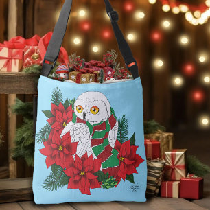 Snowy Owl Red Poinsettias Christmas Crossbody Bag