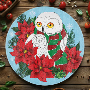 Snowy Owl Red Poinsettias Christmas Cutting Board