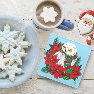 Snowy Owl Red Poinsettias Christmas Glass Coaster
