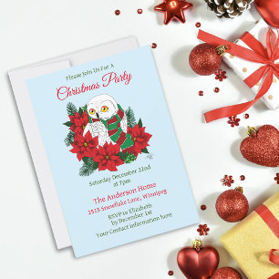 Snowy Owl Red Poinsettias Christmas Invitation