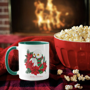 Snowy Owl Red Poinsettias Christmas Mug