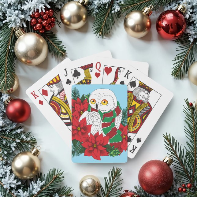 Snowy Owl Red Poinsettias Christmas Playing Cards (Creator Uploaded)