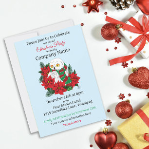 Snowy Owl Red Poinsettias Corporate Christmas Invitation