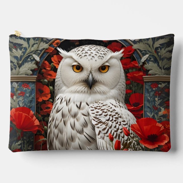 Snowy Owl Red Poppy Flowers Accessory Pouch (Front)