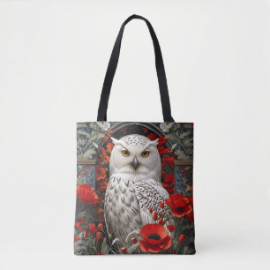 Snowy Owl Red Poppy Flowers Tote Bag