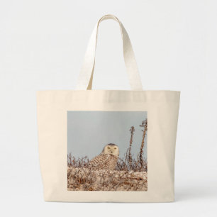Snowy owl sitting on the beach large tote bag