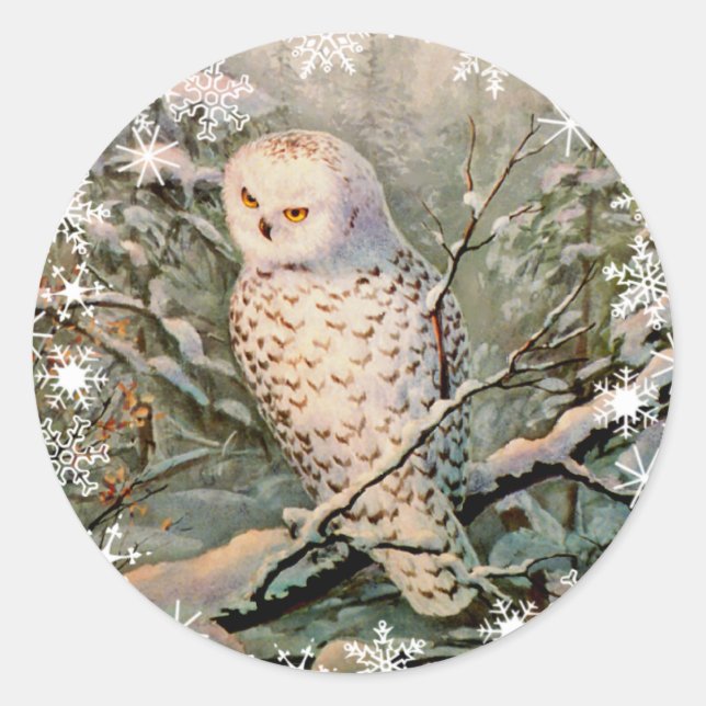 SNOWY OWL & SNOWFLAKES by SHARON SHARPE Classic Round Sticker (Front)