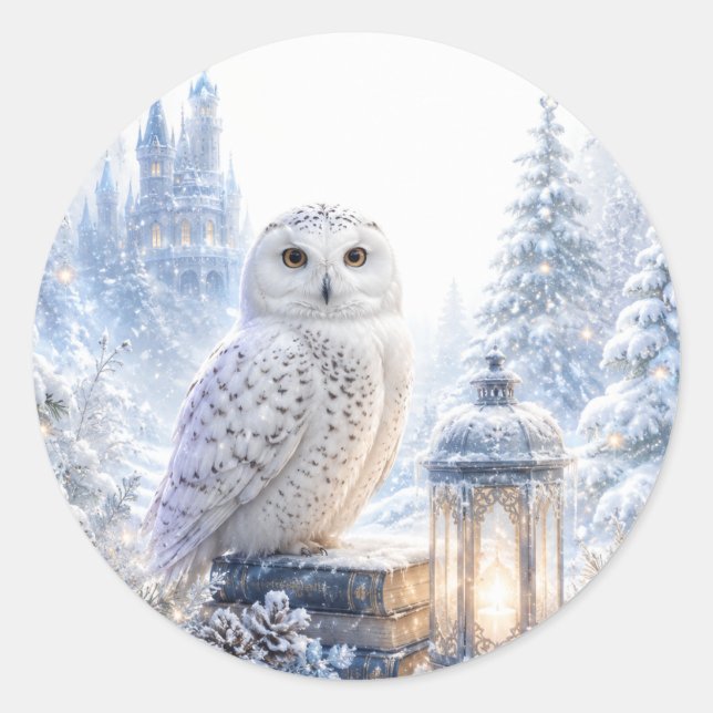 Snowy Owl Winter Magic Classic Round Sticker (Front)