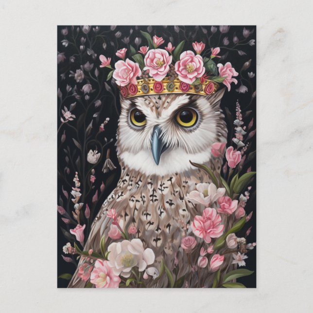 Snowy Owl With a Gold Crown and Pink Flowers Postcard (Front)