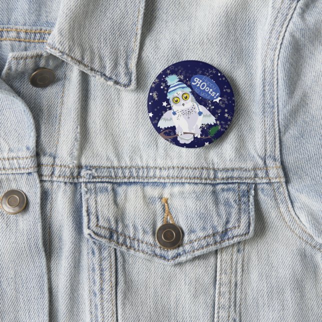 Snowy Owl with Hat  6 Cm Round Badge (In Situ)
