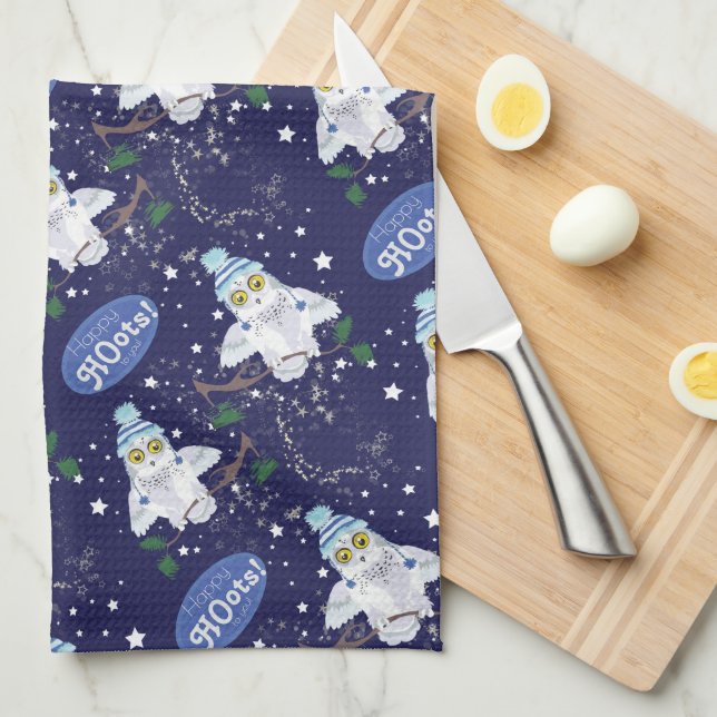 Snowy Owl with Hat Happy Hoots Pattern Christmas   Tea Towel (Quarter Fold)