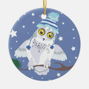 Snowy Owl with Hat~ Winter Ceramic Ornament