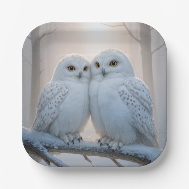 Snowy Owls On a Winter Branch Paper Plate (Front)
