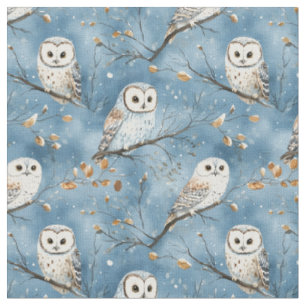 Snowy Owls on Blue Fabric