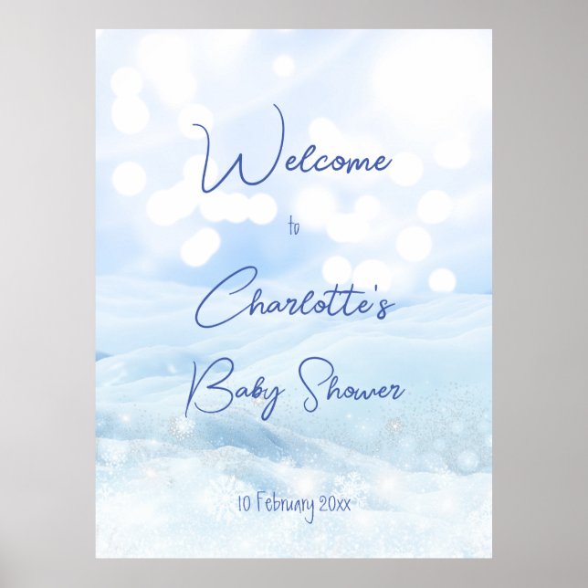 Snowy pastel blue bokeh winter baby shower welcome poster (Front)