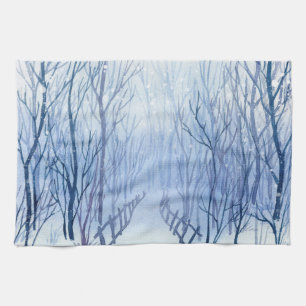 Snowy path in the woods tea towel