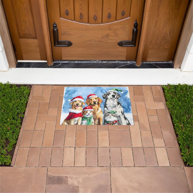 Snowy Paws Festive Cute Christmas Pets Watercolor Doormat (Outdoor)