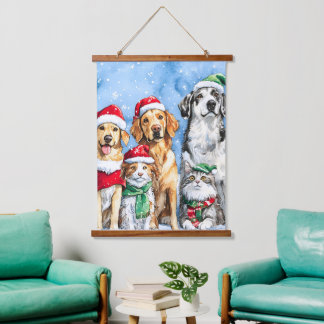 Snowy Paws Festive Cute Christmas Pets Watercolor Hanging Tapestry