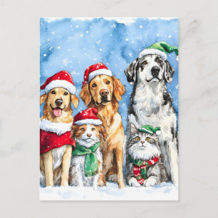 Snowy Paws Festive Cute Christmas Pets Watercolor Holiday Postcard
