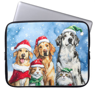 Snowy Paws Festive Cute Christmas Pets Watercolor Laptop Sleeve
