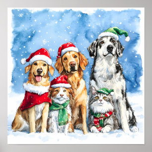 Snowy Paws Festive Cute Christmas Pets Watercolor Poster
