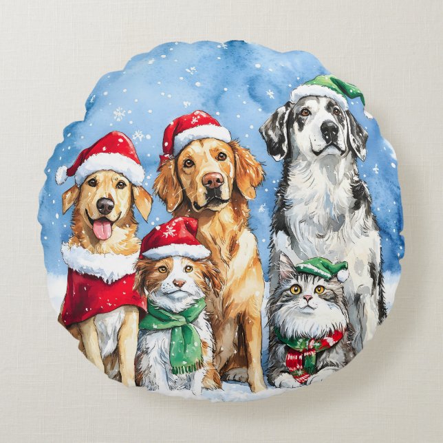 Snowy Paws Festive Cute Christmas Pets Watercolor Round Cushion (Front)