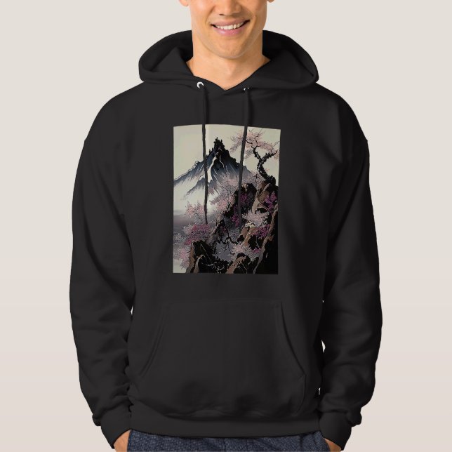 snowy peak mountain Cherry Blossom Awesome Japan Hoodie (Front)