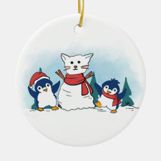 Snowy Penguins building a Christmas Snow Cat Ceramic Ornament