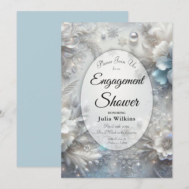 Snowy Petals in Frozen Bloom Engagement Shower Invitation (Front/Back)