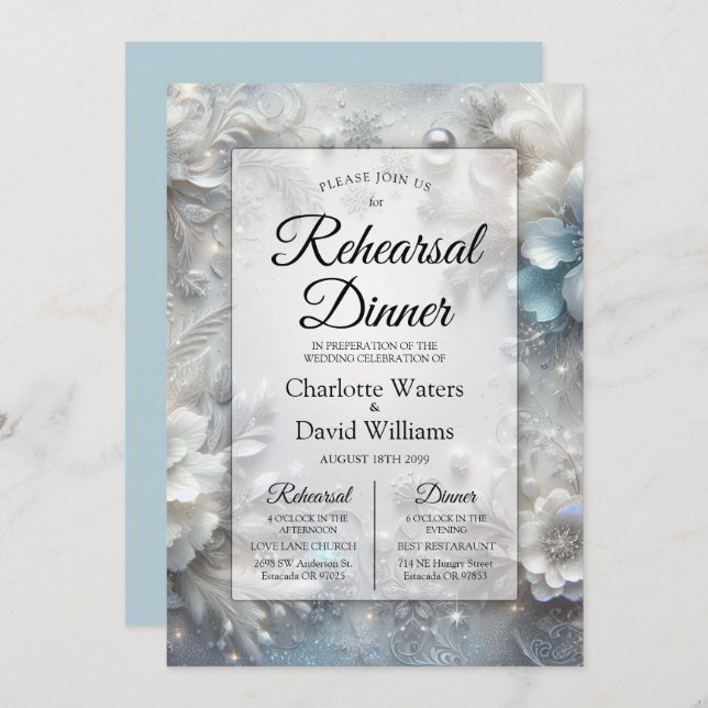 Snowy Petals in Frozen Bloom Rehearsal Dinner Invitation (Front/Back)