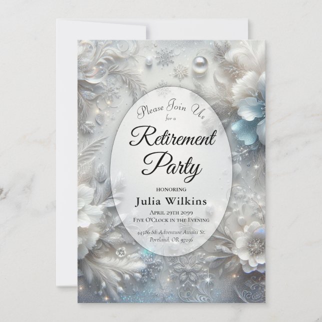 Snowy Petals in Frozen Bloom Retirement Party  Invitation (Front)