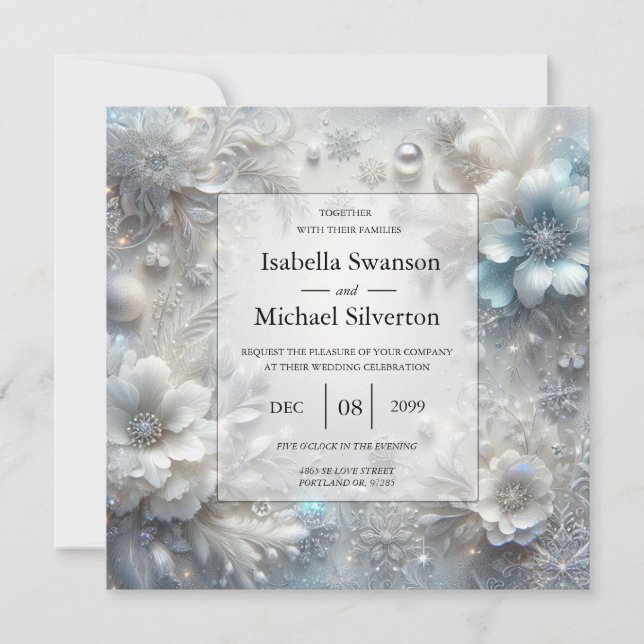 Snowy Petals in Frozen Bloom Wedding Invitation (Front)