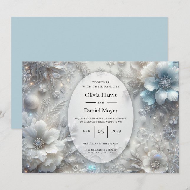 Snowy Petals in Frozen Bloom Wedding Invitation (Front/Back)