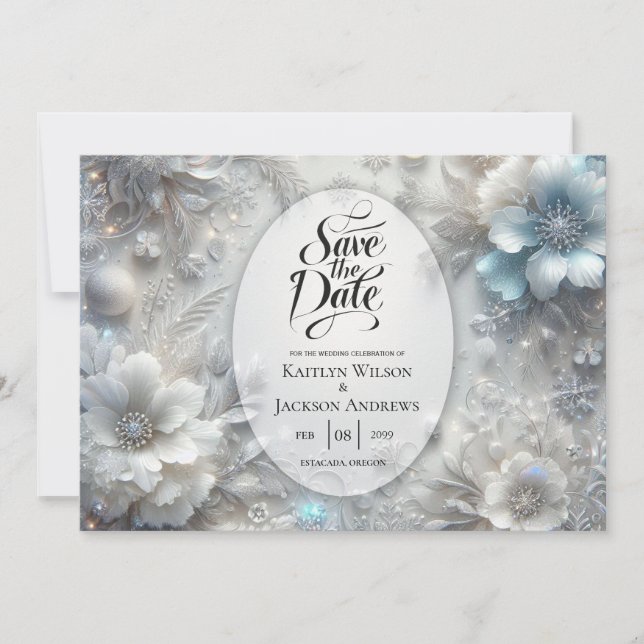 Snowy Petals in Frozen Bloom Wedding Save The Date (Front)