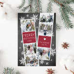 Snowy Photobooth Holiday Photo Collage Card<br><div class="desc">Cute holiday photo card features two photo booth strips, each with three photos and a cranberry red text panel, for a total of six photos. Personalize with the year and your family name or names in whimsical, festive white lettering, on a rustic chalkboard background dotted with hand drawn white snowflakes....</div>