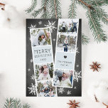 Snowy Photobooth Holiday Photo Collage Card<br><div class="desc">Cute holiday photo card features two photo booth strips, each with three photos and a pale ice blue text panel, for a total of six photos. Personalize with the year and your family name or names in whimsical, festive dark gray lettering, on a rustic chalkboard background dotted with hand drawn...</div>