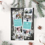 Snowy Photobooth Holiday Photo Collage Card<br><div class="desc">Cute holiday photo card features two photo booth strips, each with three photos and a vibrant icy turquoise text panel, for a total of six photos. Personalise with the year and your family name or names in whimsical, festive white lettering, on a rustic chalkboard background dotted with hand drawn white...</div>