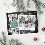 Snowy Photobooth Holiday Photo Collage Card<br><div class="desc">Cute holiday photo card features a photo booth strip with two photos and a text panel reading "Season's Greetings, " plus an instant camera-inspired snapshot with a handwritten caption. Personalise with your family name on a rustic chalkboard background dotted with hand drawn white snowflakes.</div>