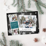 Snowy Photobooth Holiday Photo Collage Card<br><div class="desc">Cute holiday photo card features a photo booth strip with two photos and a text panel reading "Happy Holidays, " plus an instant camera-inspired snapshot with a handwritten caption. Personalise with your family name on a rustic chalkboard background dotted with hand drawn white snowflakes.</div>