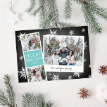 Snowy Photobooth Holiday Photo Collage Card<br><div class="desc">Cute holiday photo card features a photo booth strip with two photos and an icy turquoise text panel,  plus an instant camera-inspired snapshot with a handwritten caption. Personalise with the year and your family name or custom message,  on a rustic chalkboard background dotted with hand drawn white snowflakes.</div>