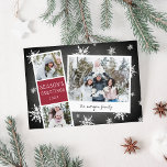 Snowy Photobooth Holiday Photo Collage Card<br><div class="desc">Cute holiday photo card features a photo booth strip with two photos and a text panel reading "Season's Greetings, " plus an instant camera-inspired snapshot with a handwritten caption. Personalise with your family name on a rustic chalkboard background dotted with hand drawn white snowflakes.</div>