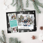 Snowy Photobooth Holiday Photo Collage Card<br><div class="desc">Cute holiday photo card features a photo booth strip with two photos and a text panel reading "Season's Greetings, " plus an instant camera-inspired snapshot with a handwritten caption. Personalise with your family name on a rustic chalkboard background dotted with hand drawn white snowflakes.</div>