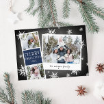Snowy Photobooth Holiday Photo Collage Card<br><div class="desc">Cute holiday photo card features a photo booth strip with two photos and a navy blue text panel,  plus an instant camera-inspired snapshot with a handwritten caption. Personalise with the year and your family name or custom message,  on a rustic chalkboard background dotted with hand drawn white snowflakes.</div>