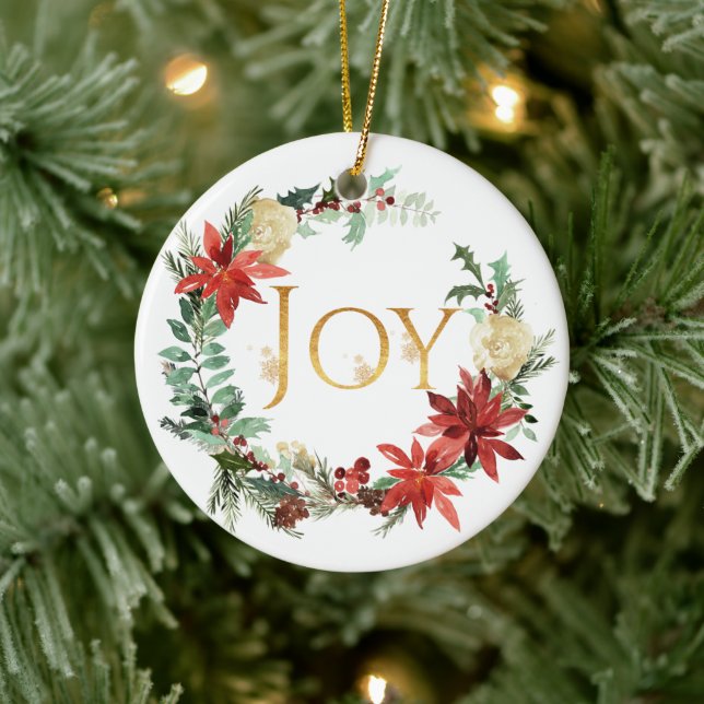 Snowy Pine and Spruce Christmas "Joy" Photo Ceramic Ornament (Tree)